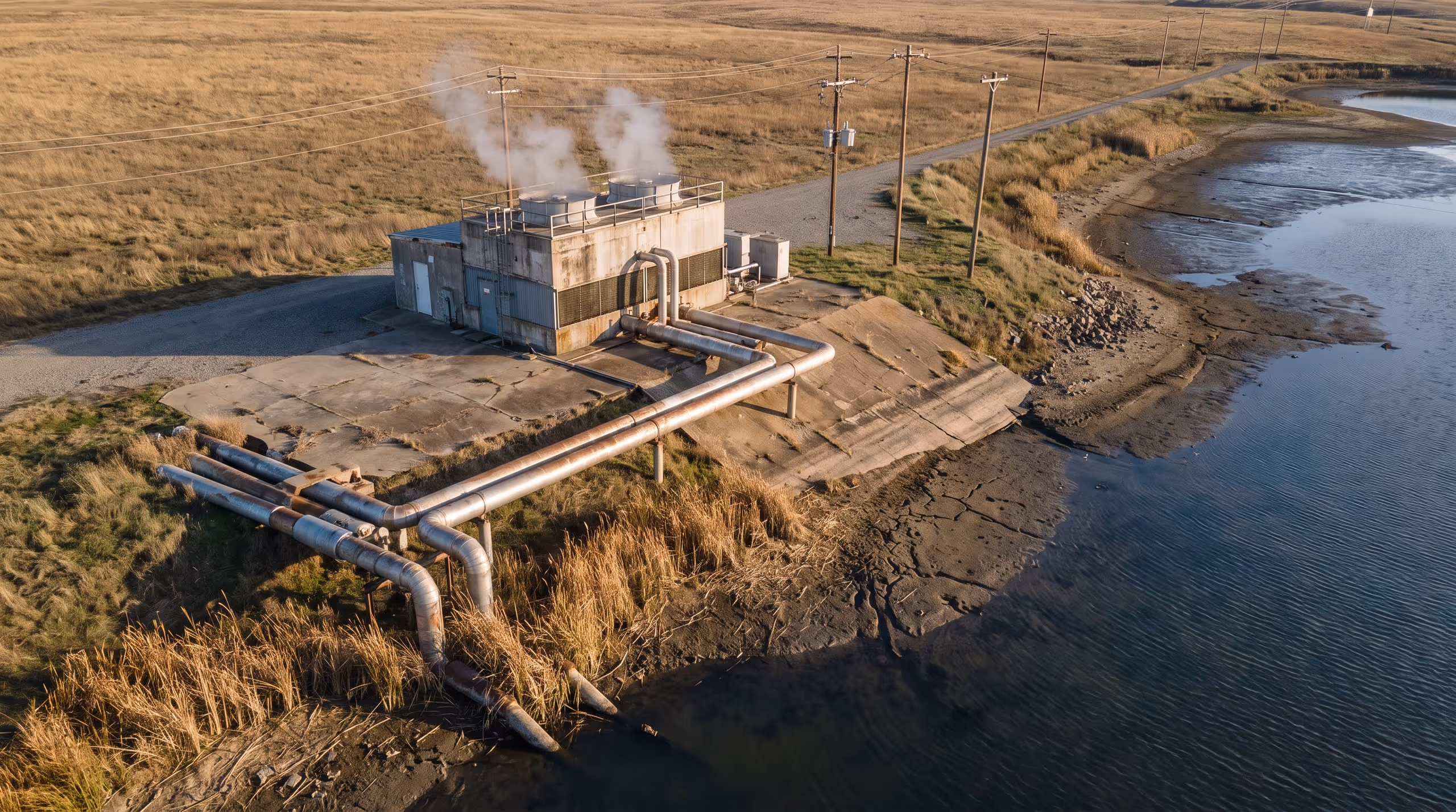 A cooling plant and pipes beside exposed mud at a reservoir shoreline.