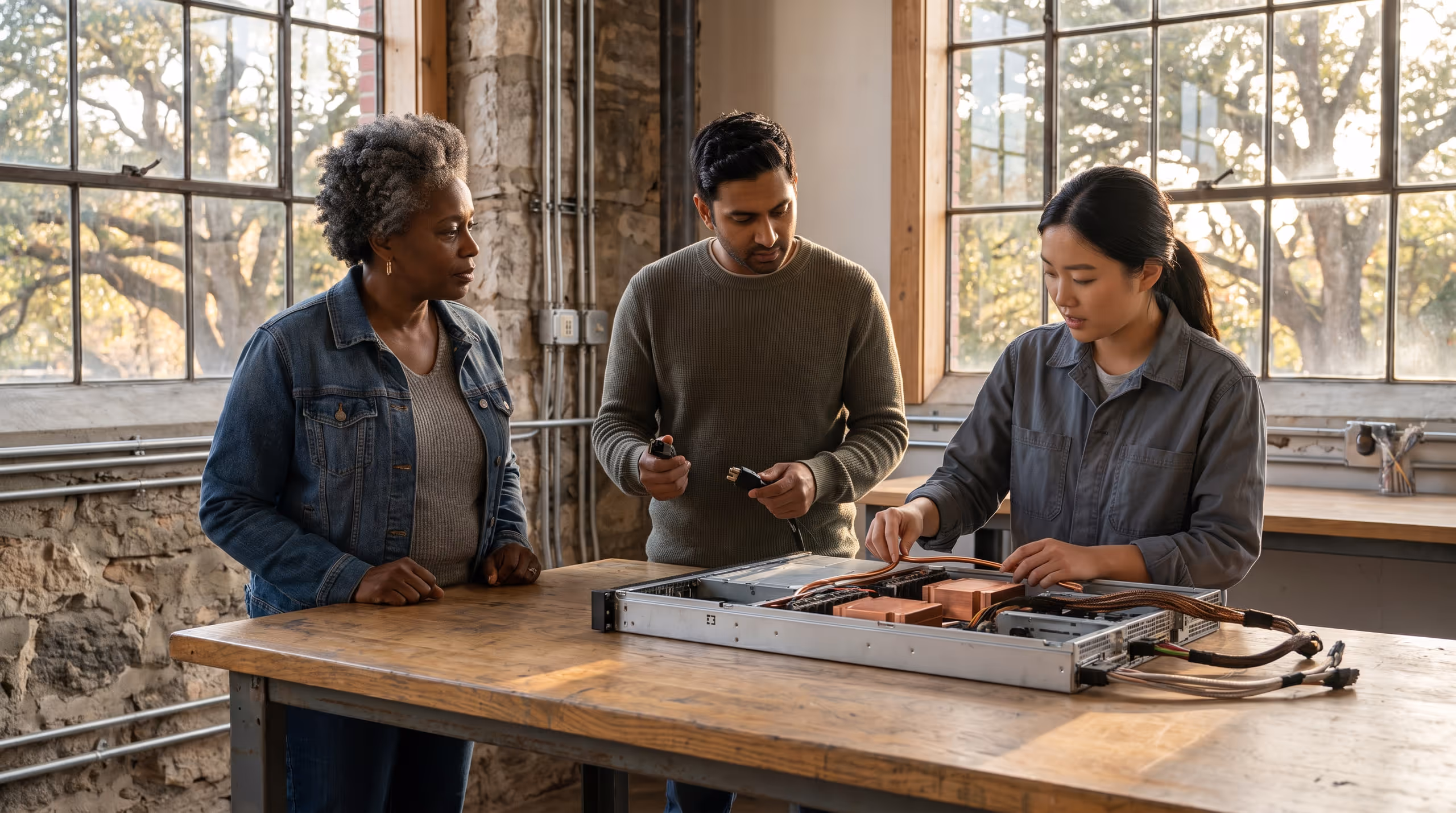 Three adults examine an open computer chassis and its cooling connections on a workshop table.