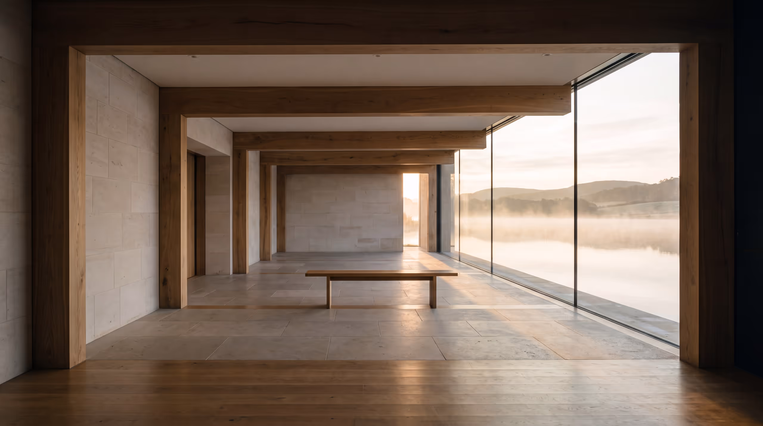 Morning light enters a stone and timber room overlooking still water and hills.