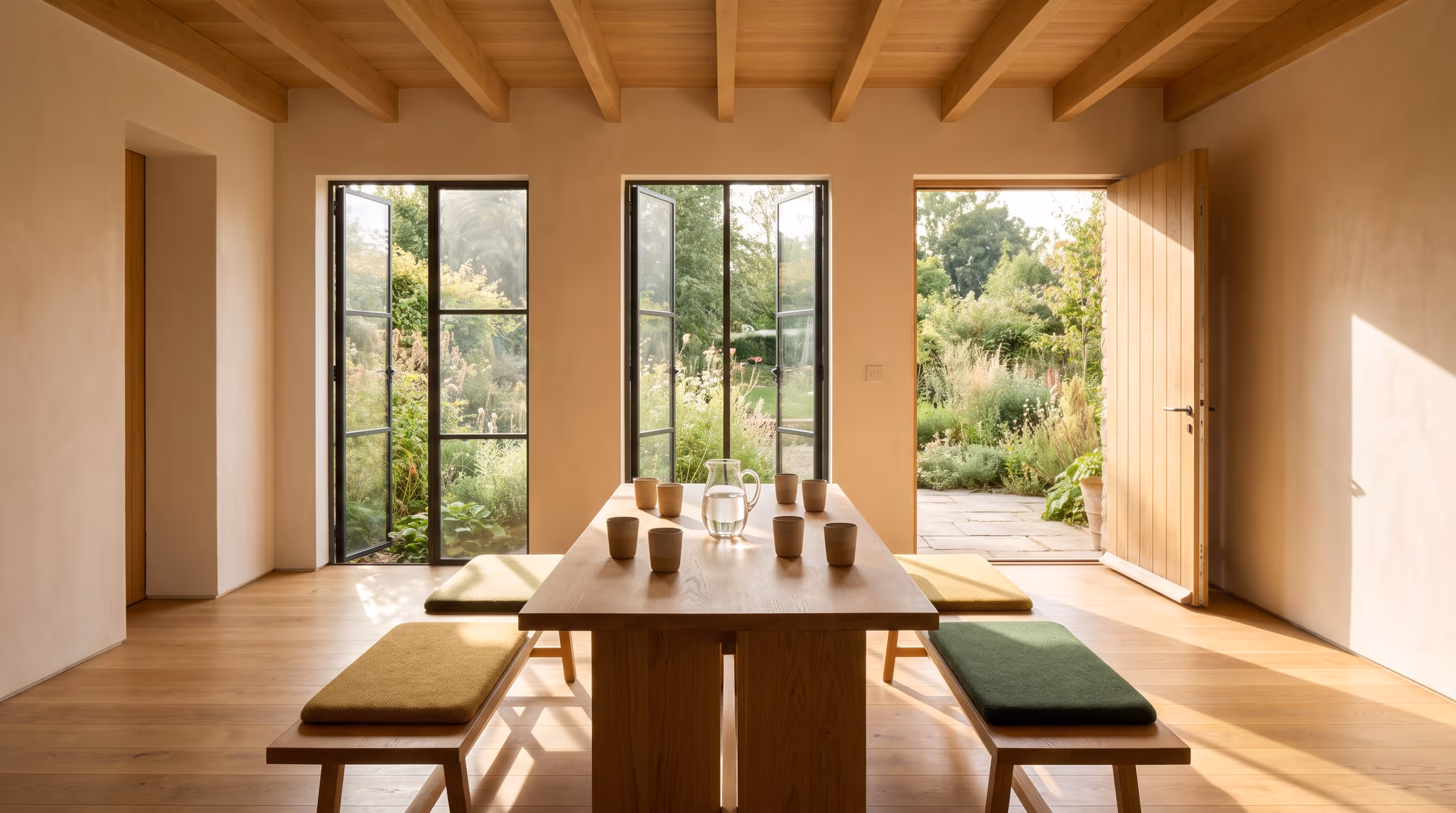 An open garden door beside benches and water in a sunlit room.