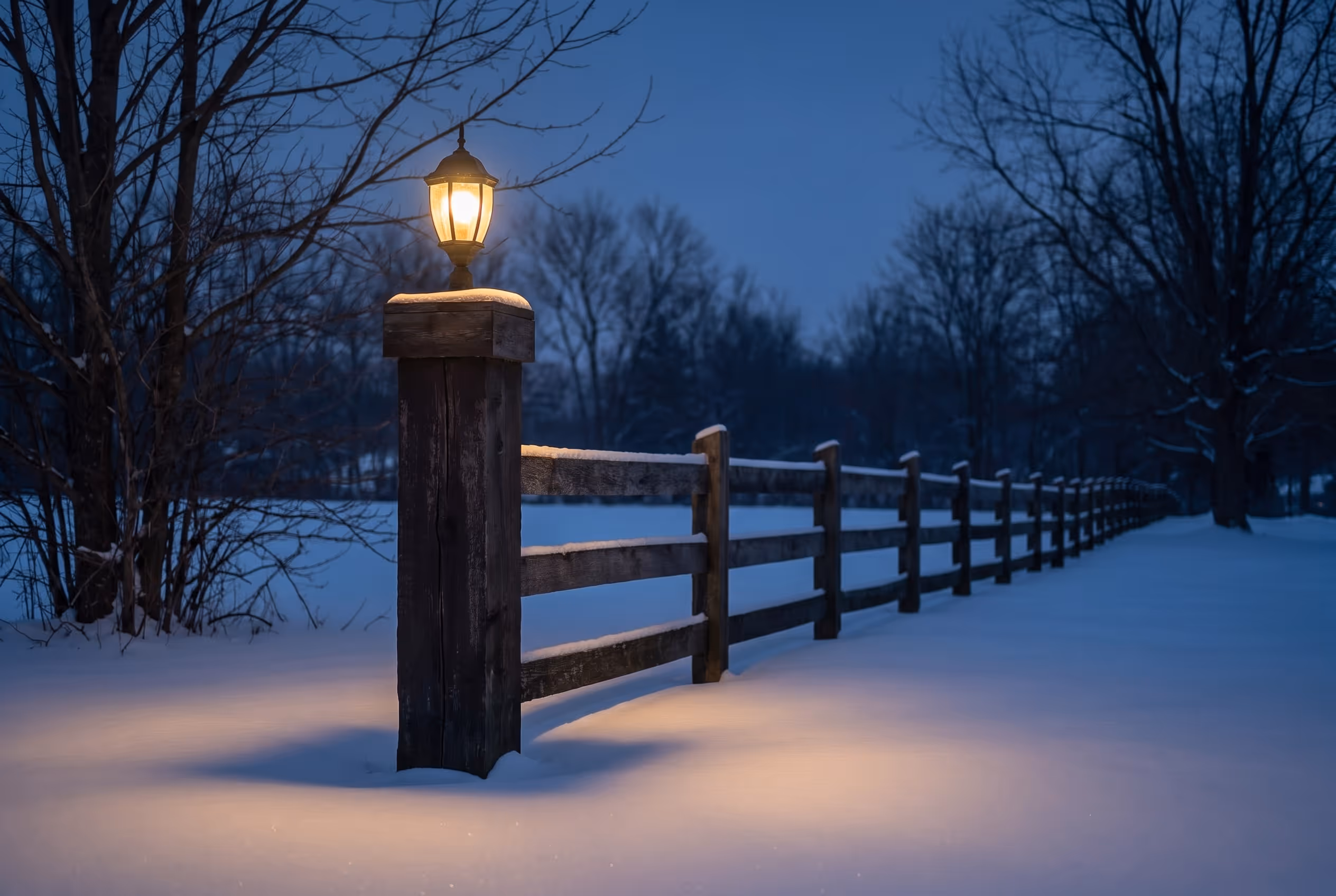 A single lamp casting warm light beside a fence in snow at dusk.